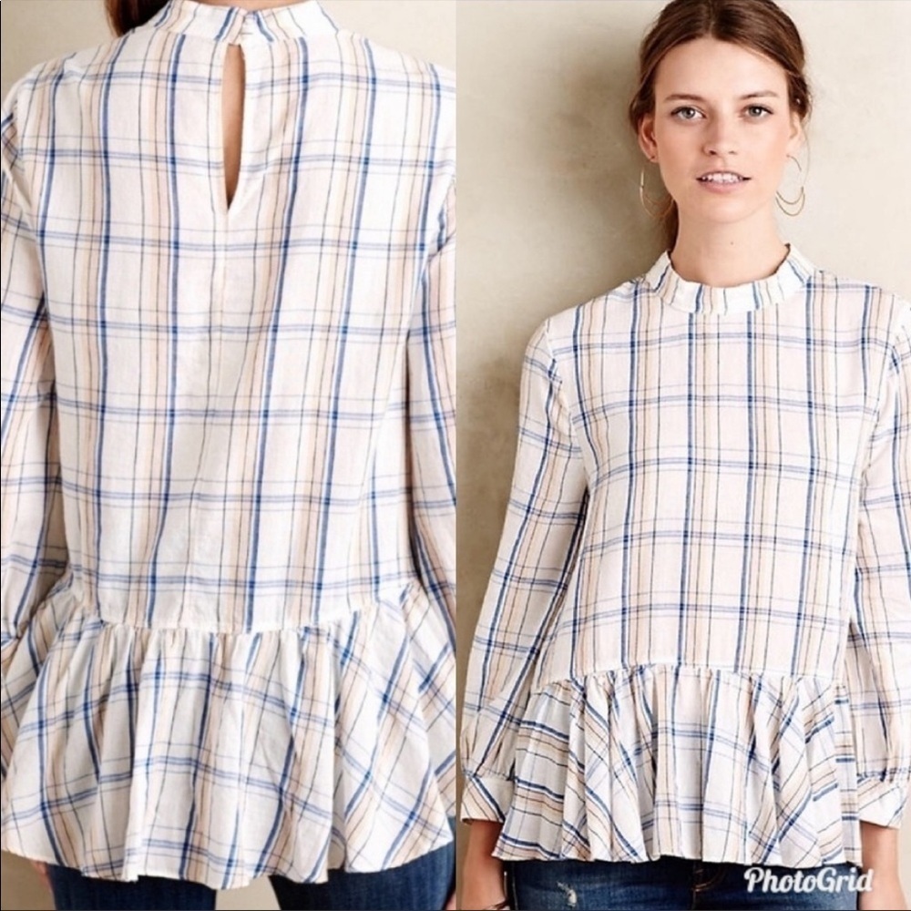 Anthropologie Maeve White, Blue, Pink Plaid Sava Swing Blouse Size 6